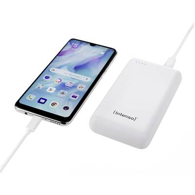 Smartphone connected to a portable Intenso charger. The mobile phone is on the left, the charger on the right, both connected by cable.