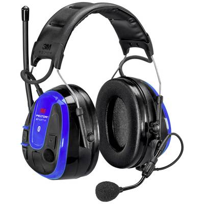 Black and blue ear defenders with integrated microphone and Bluetooth, suitable for noisy environments.