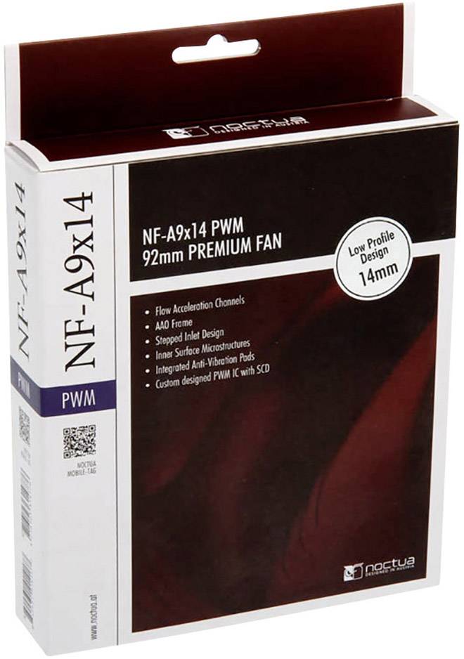 Packaging of the Noctua NF-A9x14 PWM 92mm premium fan with specific design features such as low profile and anti-vibration pads.