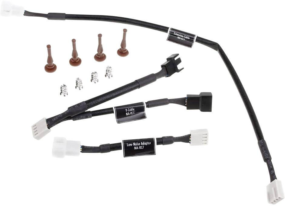 A cable set with adaptor cable, rubber vibration dampers and screws, used for connecting and mounting computer fans.