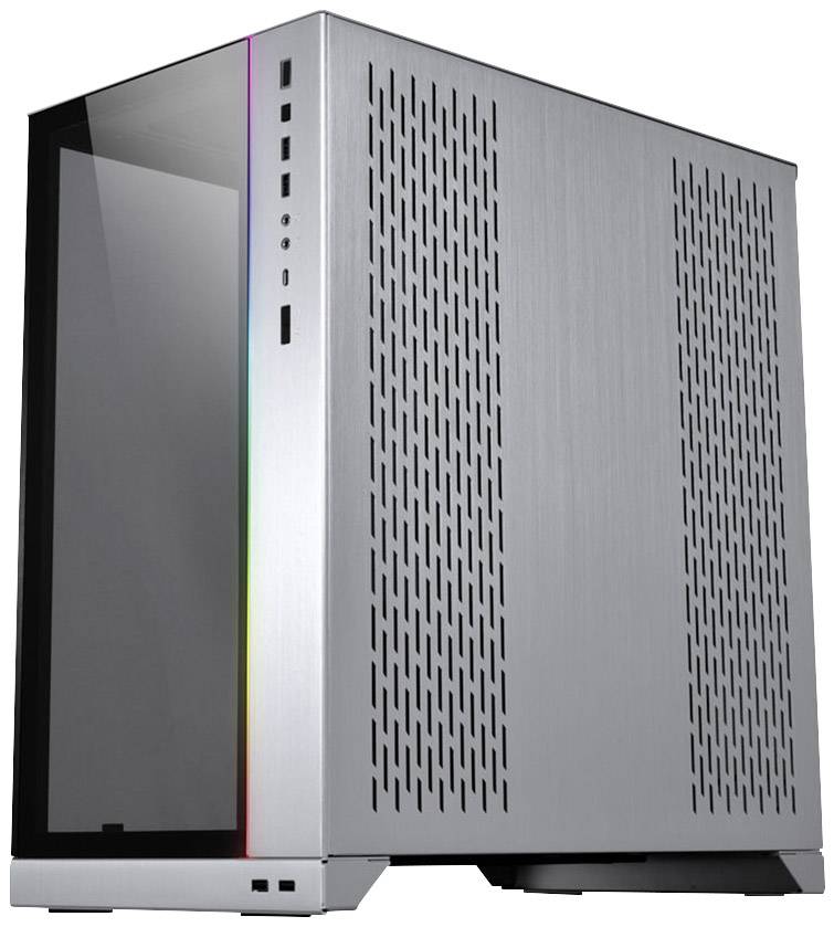 A silver PC case with a side glass panel and vertical ventilation slots, fitted with colourful LED lights at the front.