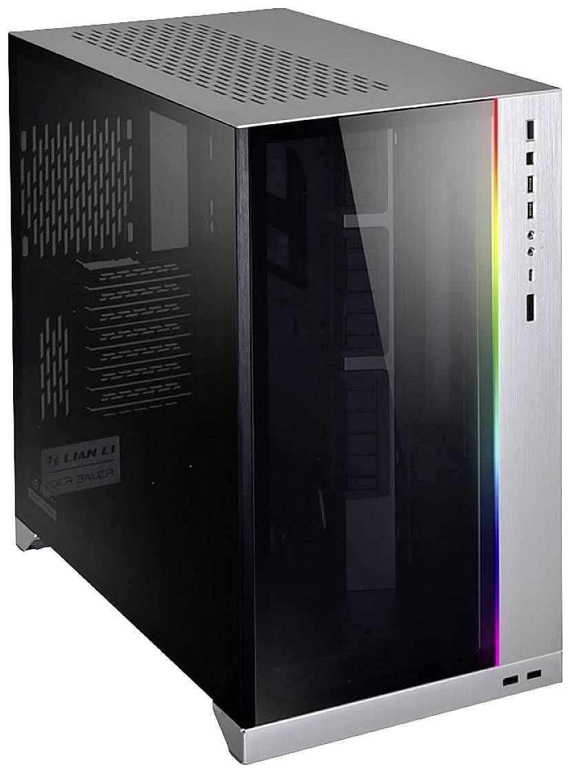 A black computer case with transparent glass and RGB lighting on the front panel.