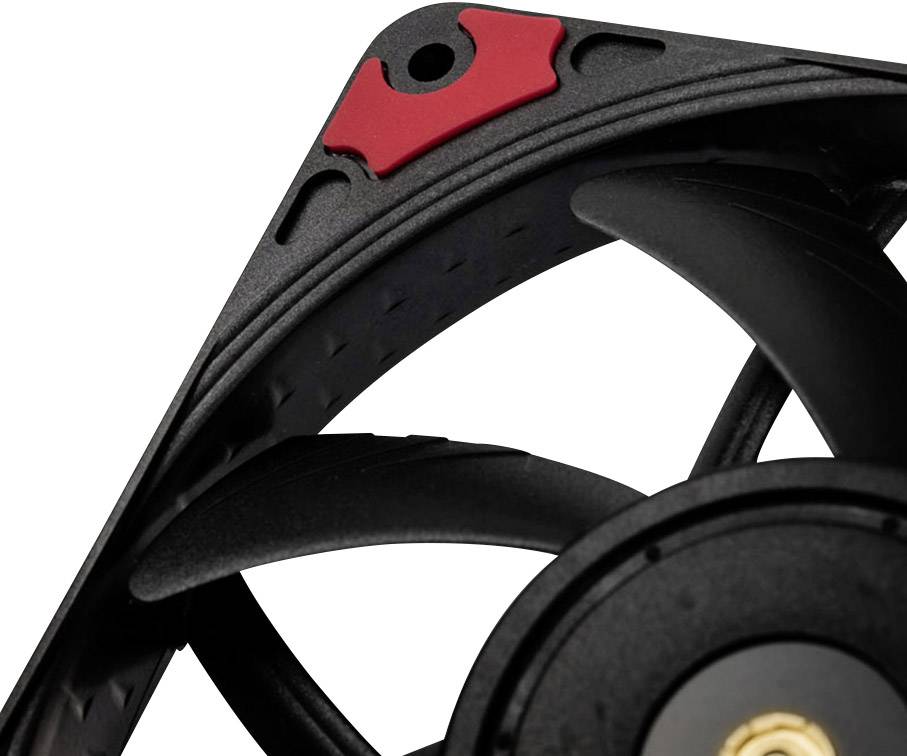 A black computer fan with a red accent on one corner, used for ventilating and cooling computer cases.