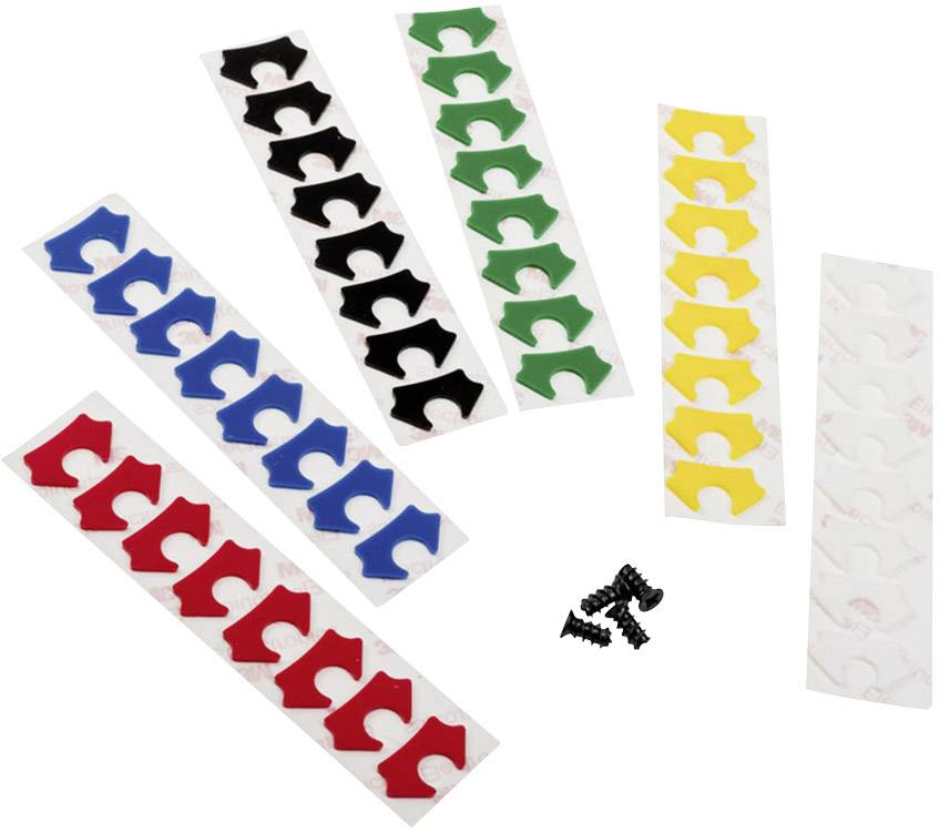 Colourful adhesive pads in various colours (black, red, blue, green, yellow) lie beside small black screws on a white background.