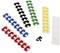 Colourful adhesive pads in various colours (black, red, blue, green, yellow) lie beside small black screws on a white background.