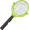 Electric fly swatter in green and black with lightning symbol. Battery-operated, used for insect control.