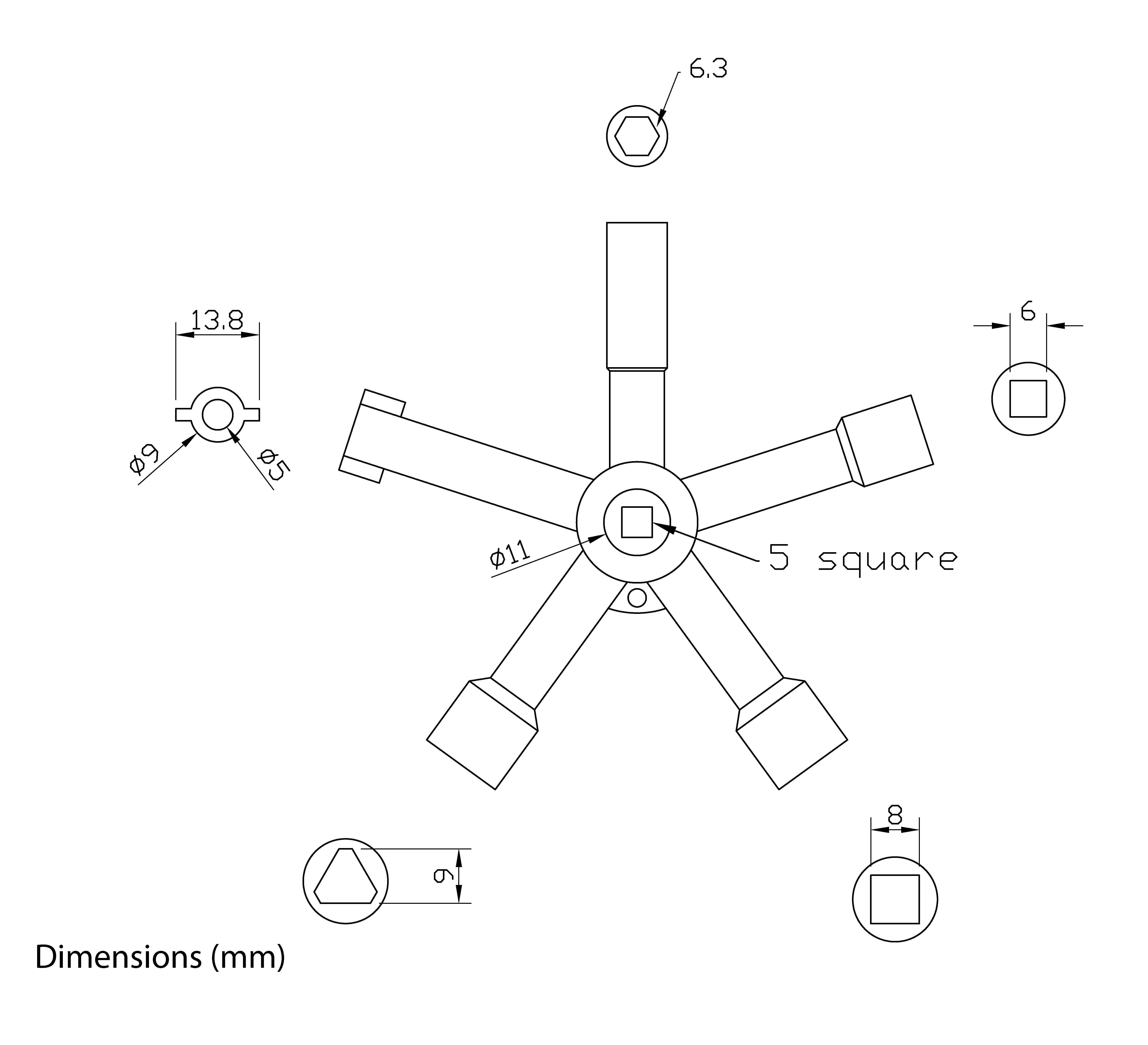 Technical drawing of a five-armed tool with various sockets at each end, labeled with dimensions in millimeters, illustrating sizing and detailing.