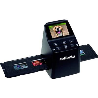 A Reflecta slide scanner with slides loaded in the film holder. The display shows a photograph of a laughing dog.