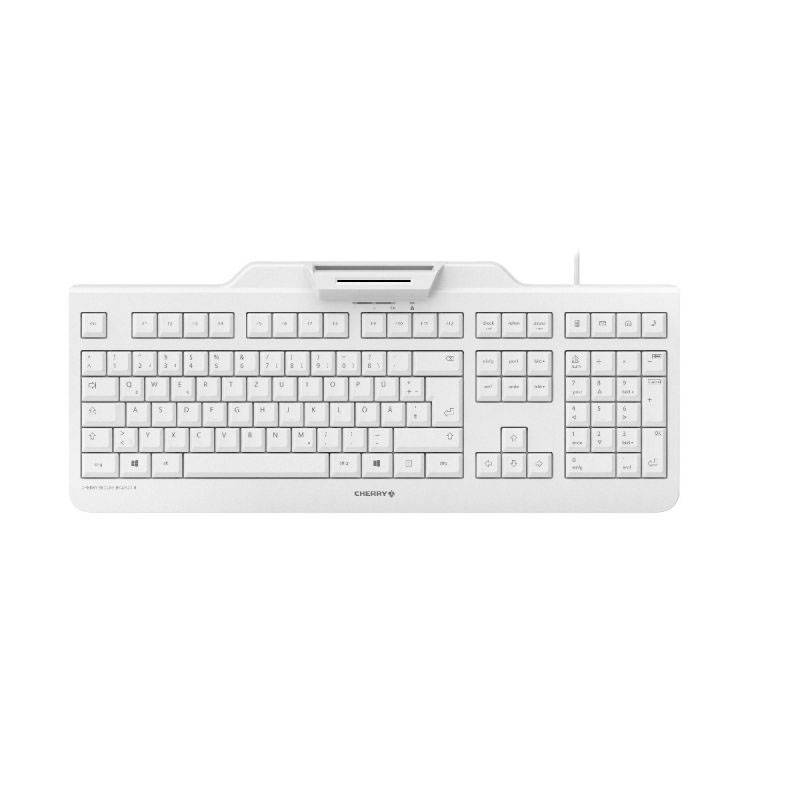A white computer keyboard with a numeric keypad, standard layout, and function keys. Ideal for office or home use.
