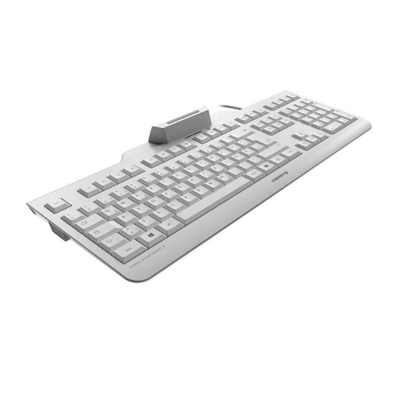 A white computer keyboard with flat keys in an angled view, without a visible brand logo or USB port.
