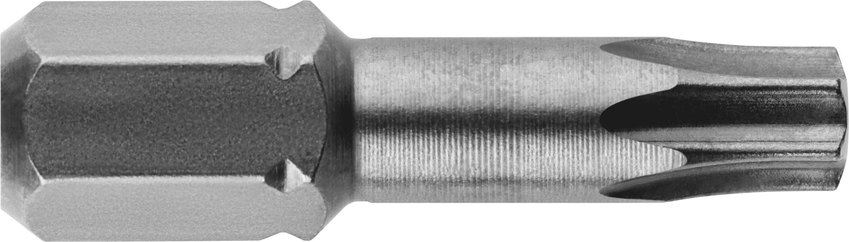 A Torx bit made of metal for screwdrivers, with a hexagonal shaft and star-shaped tip, for precise screwing.