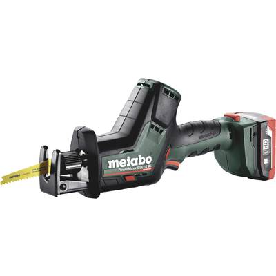 Metabo cordless saw with saw blade and battery, suitable for DIY and construction work.