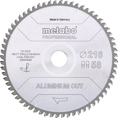 Circular saw blade with the inscription 'Metabo Professional Aluminium Cut'. Diameter 216 mm, 58 teeth, suitable for aluminium.