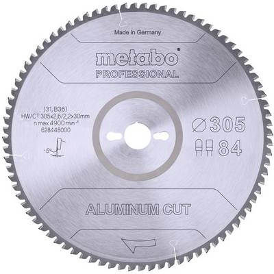 Metabo Professional aluminum-cut circular saw blade, 305 mm diameter, 84 teeth, made in Germany.<br>