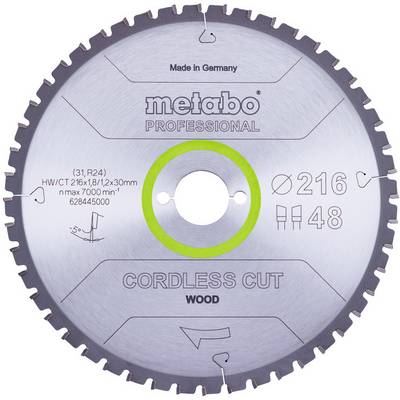 Metabo Professional cordless cut wood saw blade, labeled made in Germany, 216 mm diameter, 48 teeth.<br>