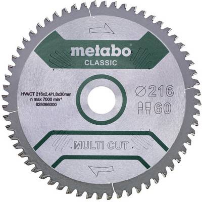 Circular Metabo Classic Multi Cut saw blade labeled 216 mm, 60 teeth, max 7000 rpm.