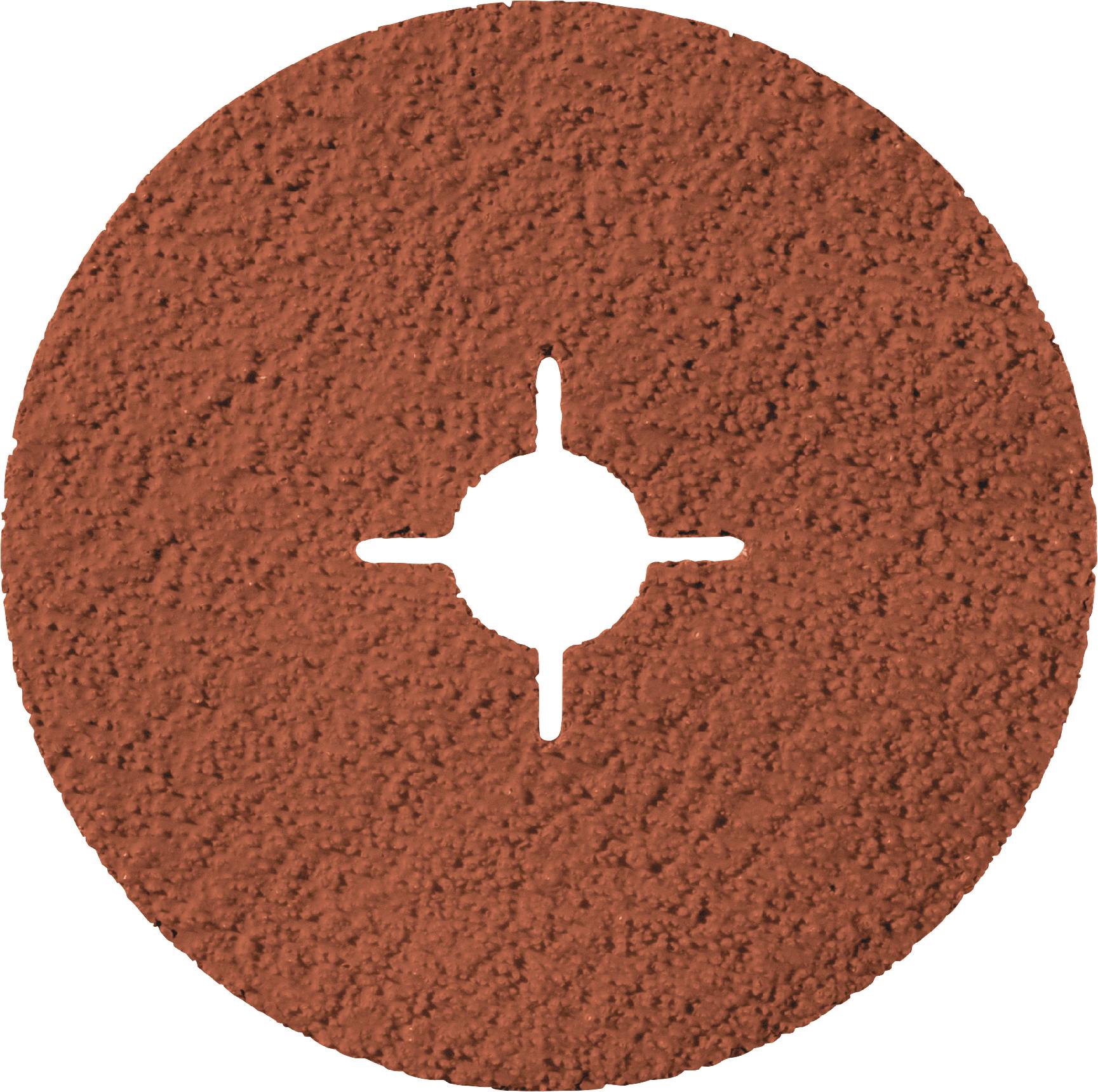 A round, red sandpaper disc with a central cross-opening for mounting on grinding machines.