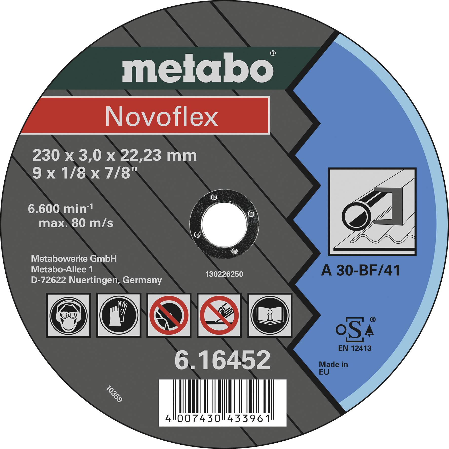 Grinding disc 'metabo Novoflex', 230 x 3.0 x 22.23 mm, max. 80 m/s, for metalworking with warning notices and manufacturer details.