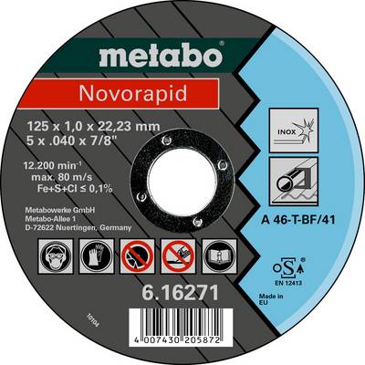 Metabo Novorapid cut-off wheel label showing size 125 x 1.0 x 22.23 mm, stainless steel use, product number 6.16271, and barcode.<br>