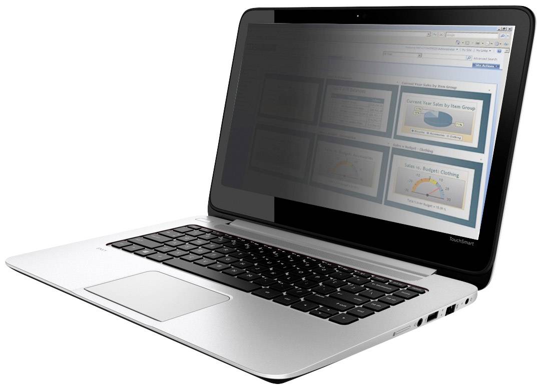 Silver laptop with a black screen displaying a website with graphics. Placed on a white background.