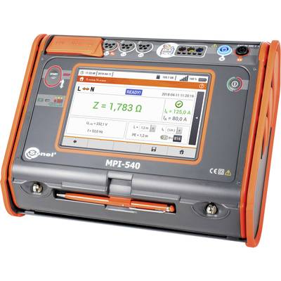 Portable measuring device with display reading: 'Z = 1.783 Ω', additional parameters are U = 222.1 V and I = 125.0 A. Model name: MPI-540.