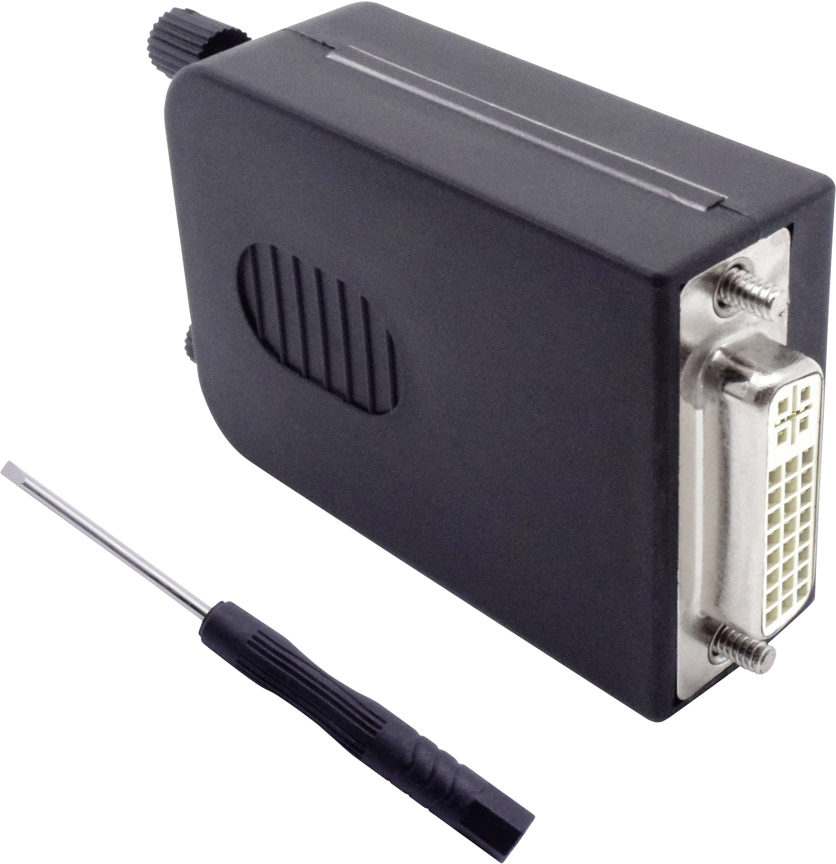 Black HDMI to DVI adapter next to a small screwdriver, on a white background.
