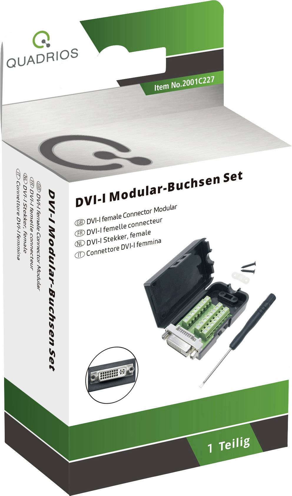 Packaging of a DVI-I Modular Socket Set by Quadrios, showing socket, screws and tool. Item number: 2001C227.