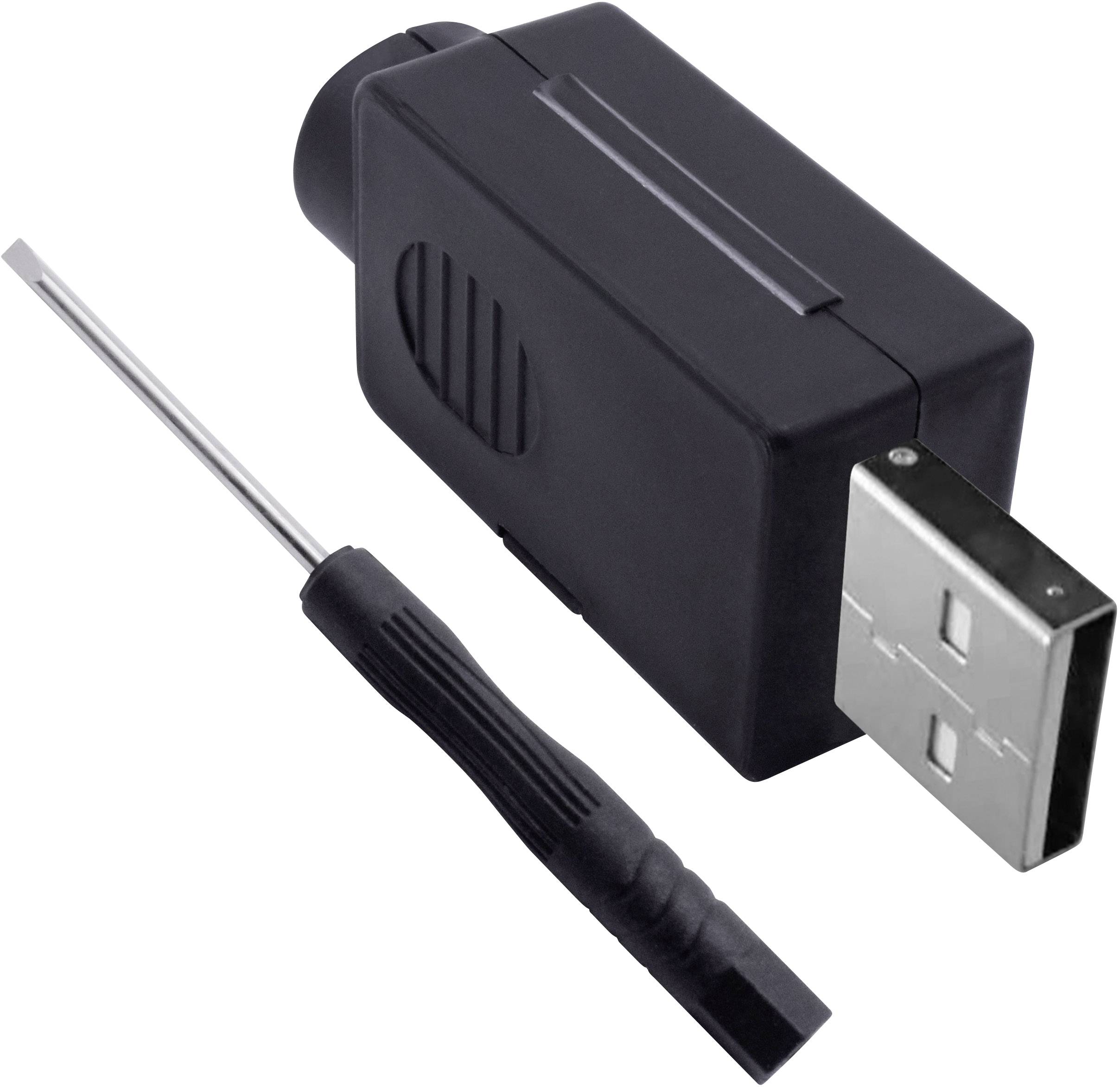 'USB charging adapter' with a black, rectangular housing and a removable metal plug. A screwdriver lies beside it.