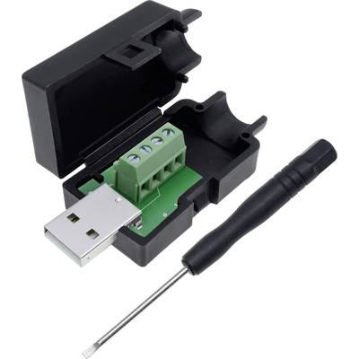 An open black USB enclosure with an exposed green connection panel, with a small black screwdriver underneath.
