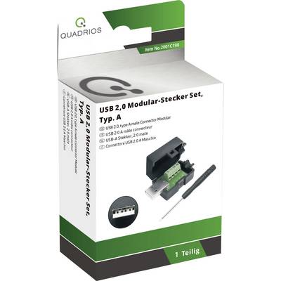 Packaging of a USB 2.0 Modular Plug Set, Type A, with illustrated plug part and tool. Product name: 'Quadrios USB 2.0'.