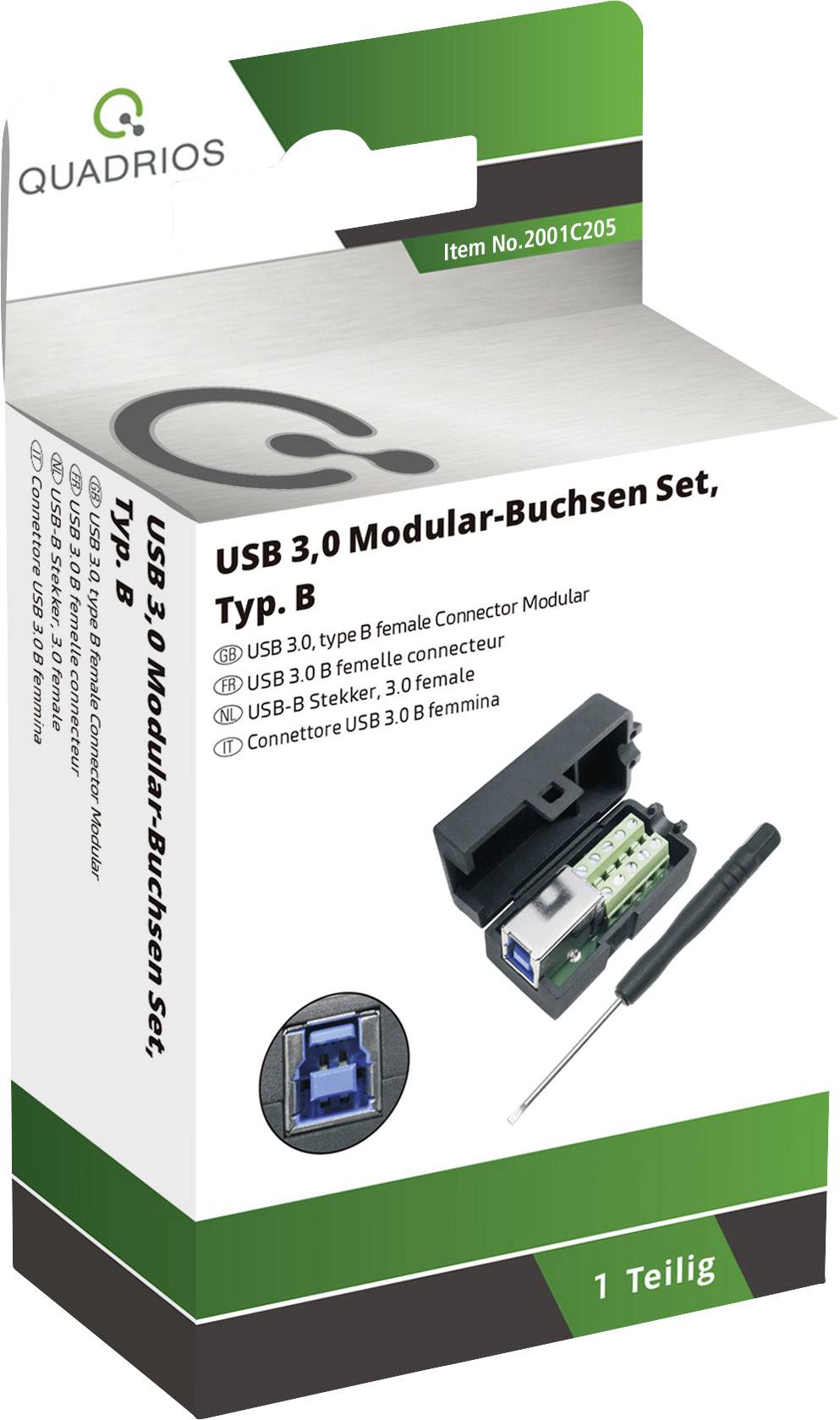 Packaging of a square USB 3.0 modular socket set Type B with screwdriver and connectors, containing 1 piece.