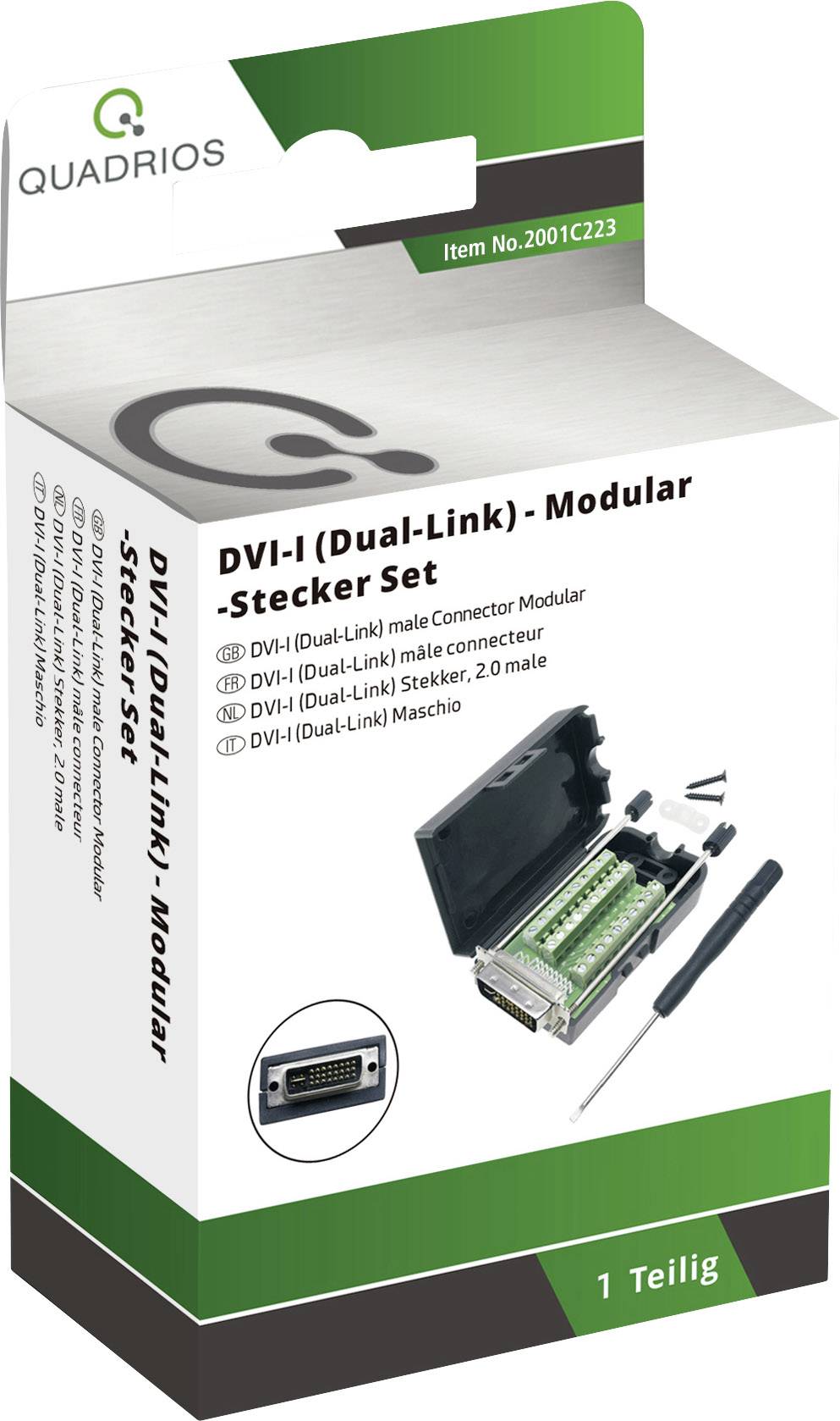 'DVI-I (Dual-Link) Modular Plug Set' packaging shows plug, screwdriver and labelling of included parts.