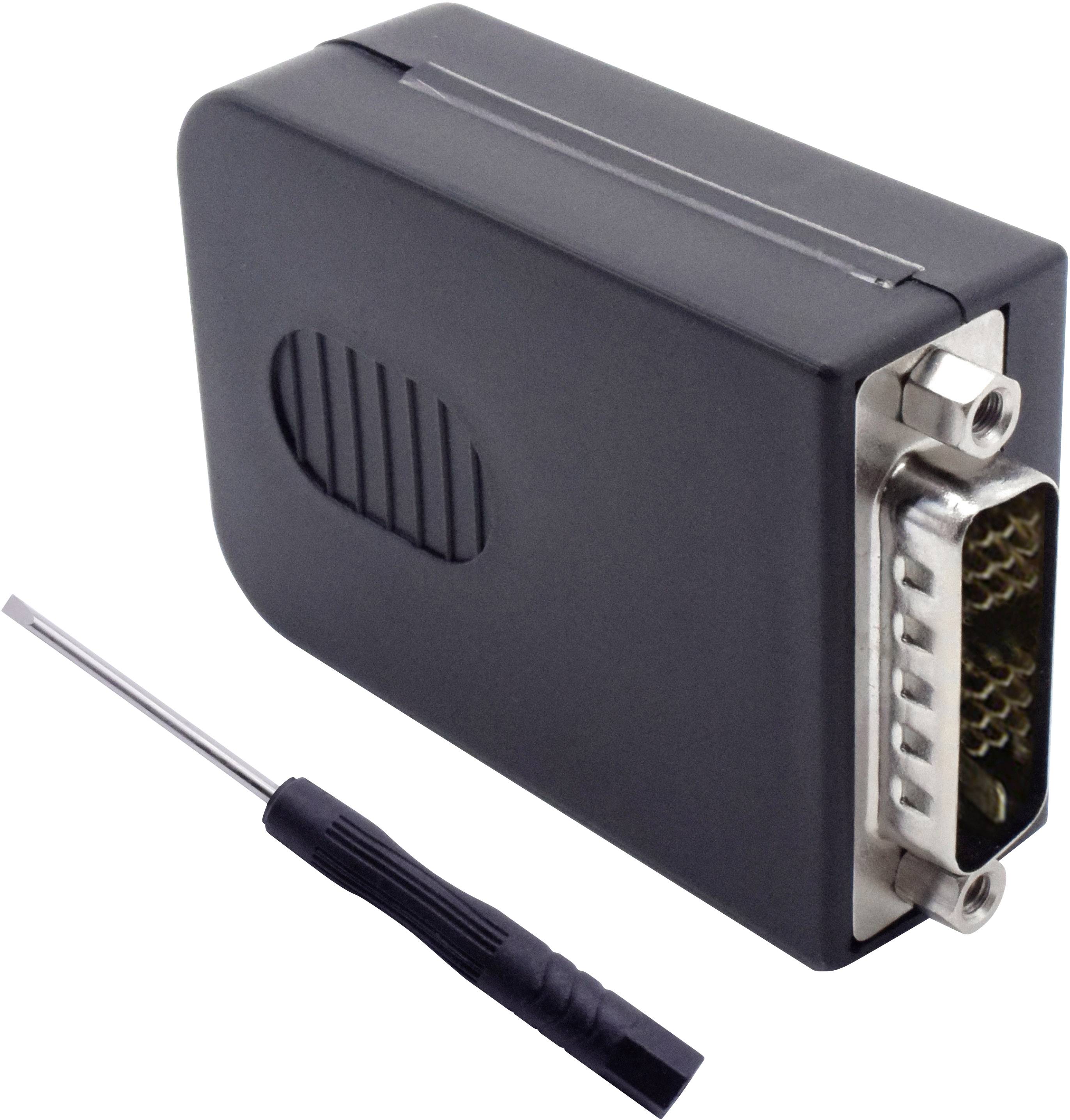 A black VGA adapter with visible connecting pins next to a small black screwdriver on a white background.