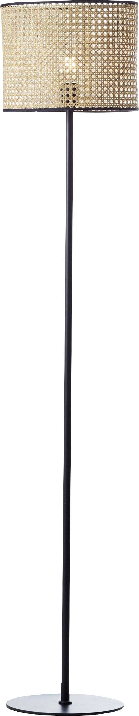 Floor lamp with a slim, black stand and a round, woven lampshade in a natural colour.