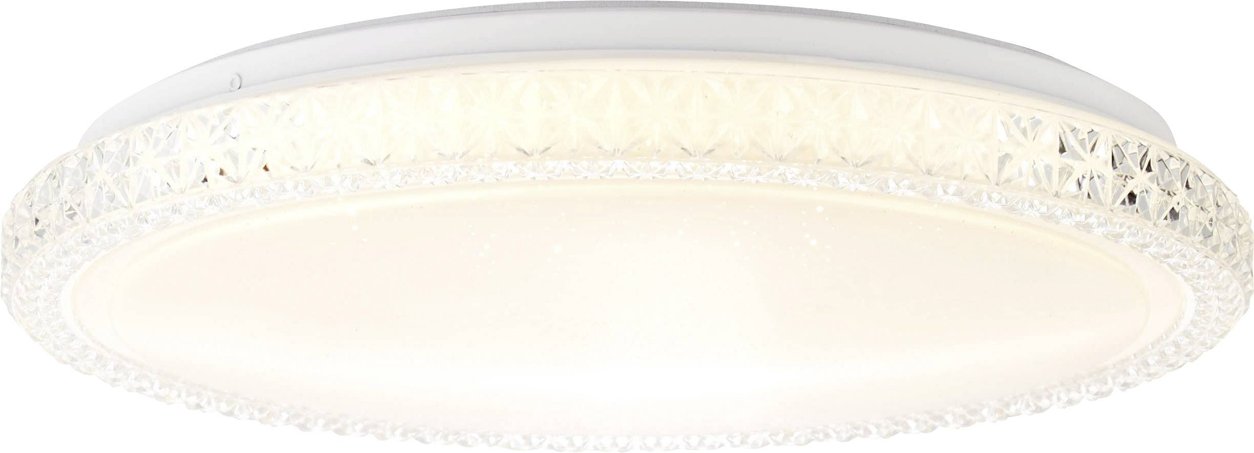 A round, flat ceiling light with a decorative border, shining brightly in white. It is suitable for general room lighting.