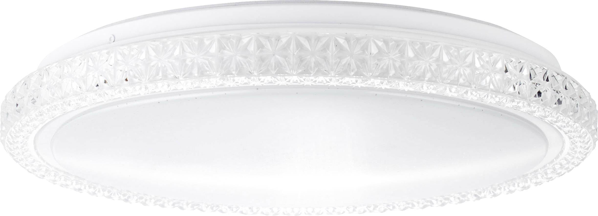 Round, white ceiling light with a decorative border of clear crystals that reflect and refract light. Suitable for living spaces.