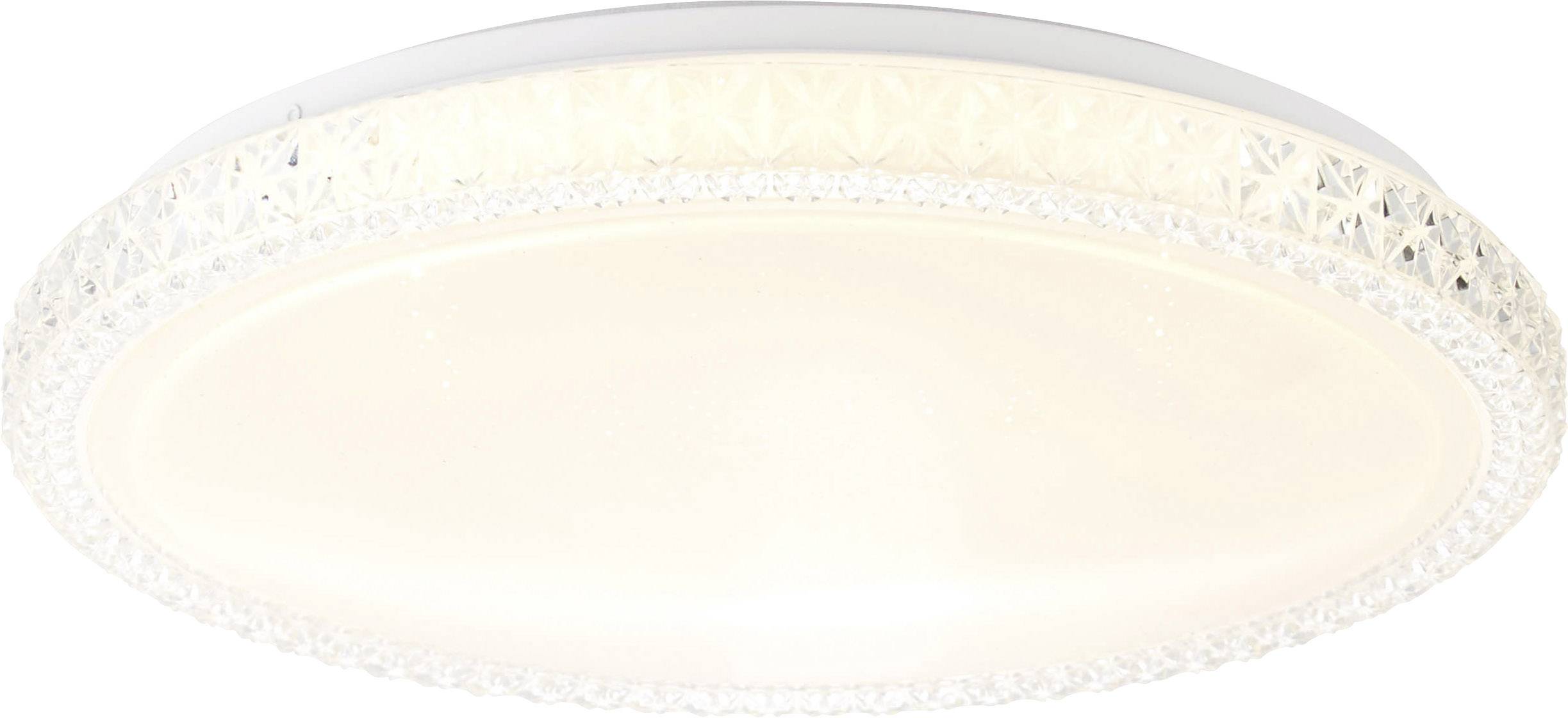Round ceiling light with a crystal-like rim and soft, warm lighting. Suitable for modern interior design.