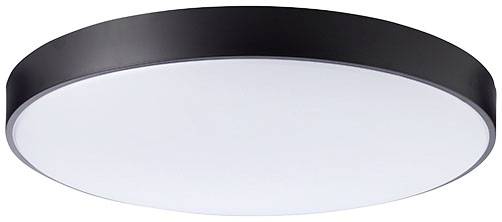 Round LED ceiling light with black border and white cover, suitable for modern interiors, provides uniform illumination.