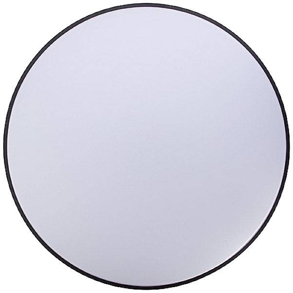 A round, simple mirror with a black frame, showing a smooth, reflective surface. No further details discernible.