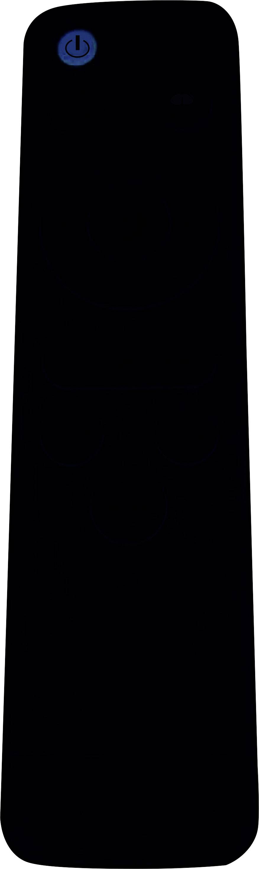 Remote control with a blue power button at the top, against a black background.