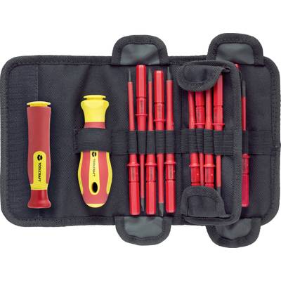 A set of isolated screwdrivers in a black case. On the left are two holders, on the right a row of red tools.