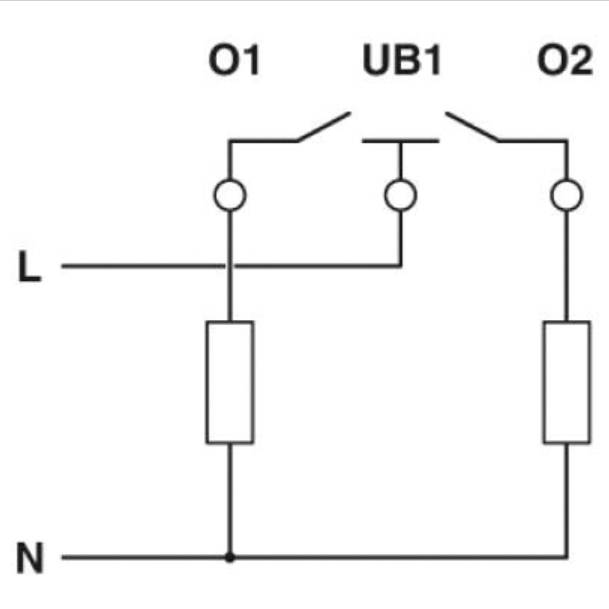 'Circuit diagram shows two switches O1 and O2 connected in series with a voltage source UB1, linked to a circuit with live (L) and neutral (N) conductors.'