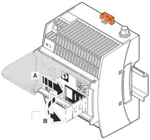 Drawing of an electrical switch with 'A' and 'B' markings, showing connections and an orange switch on top.