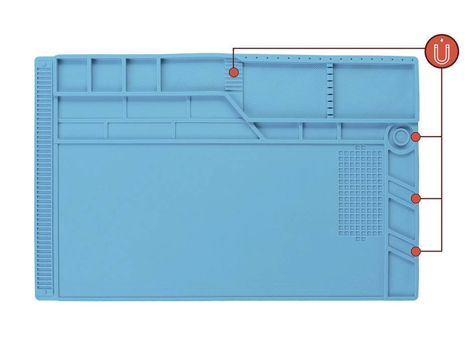 A blue, heat-resistant silicone mat with various compartments and grid lines, ideal for soldering and working on electronic components.