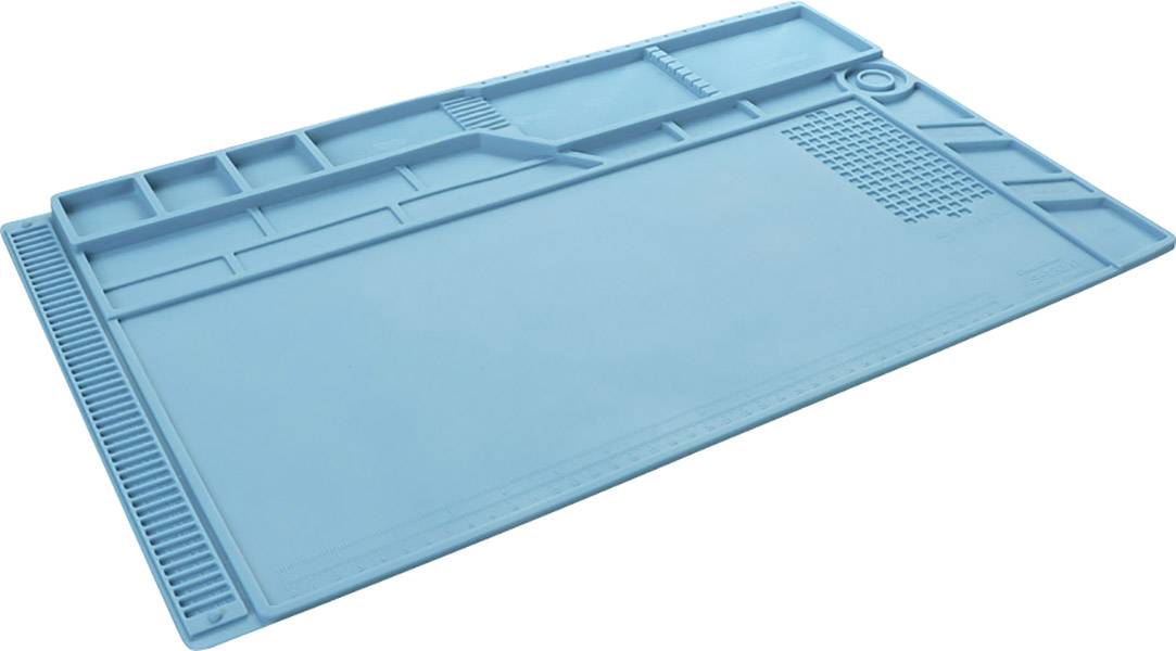 Blue silicone work mat with various compartments and a ribbed surface for organising and storing tools.