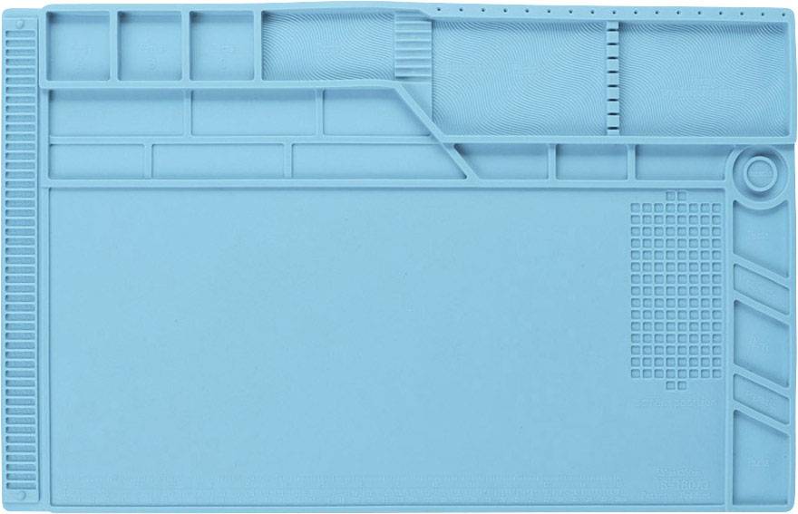 Blue, flexible silicone mat with various compartments and grooves for storing tools and small parts in the upper section.