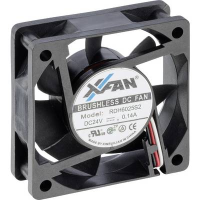 Black, square DC fan with 'BRUSHLESS DC FAN' label, model 'RDH6025S2', voltage 24V, current 0.14A, manufactured in China.