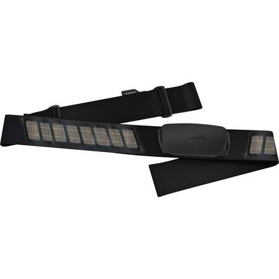 Heart rate monitor made of black fabric with a plastic sensor in the centre. Used for monitoring heart activity during sport.