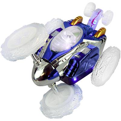 A blue-silver toy car with illuminated tyres and spinning wheels, designed for acrobatic manoeuvres.