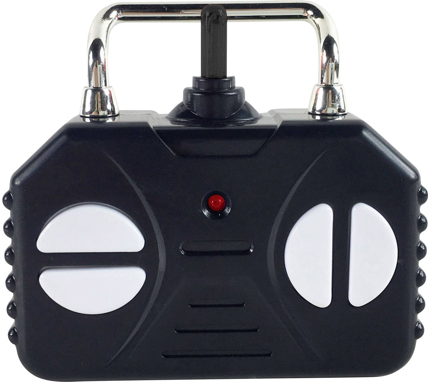 Black radio remote control with a silver handle and red LED indicator in the centre, surrounded by white control buttons.